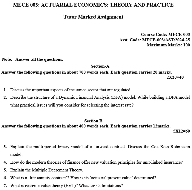 IGNOU MECE-03 - Actuarial Economics: Theory and Practice Latest Solved Assignment-July 2024 - January 2025