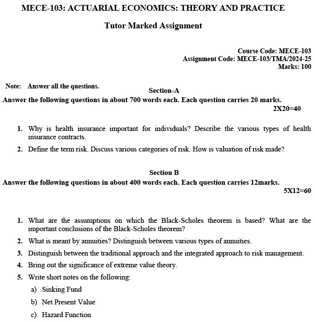 IGNOU MECE-103 - Actuarial Economics: Theory and Practice Latest Solved Assignment-July 2024 - January 2025