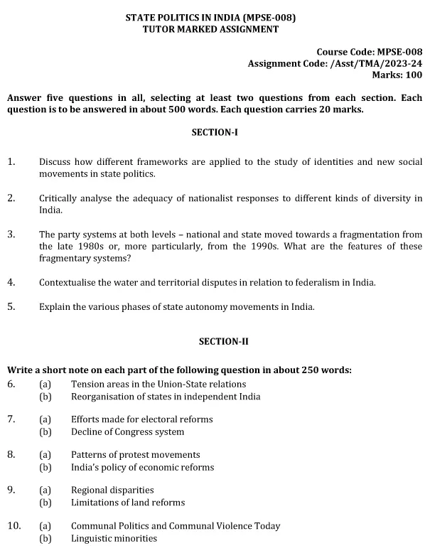 IGNOU MPSE-08 - State Politics in India Latest Solved Assignment-July 2023 - January 2024