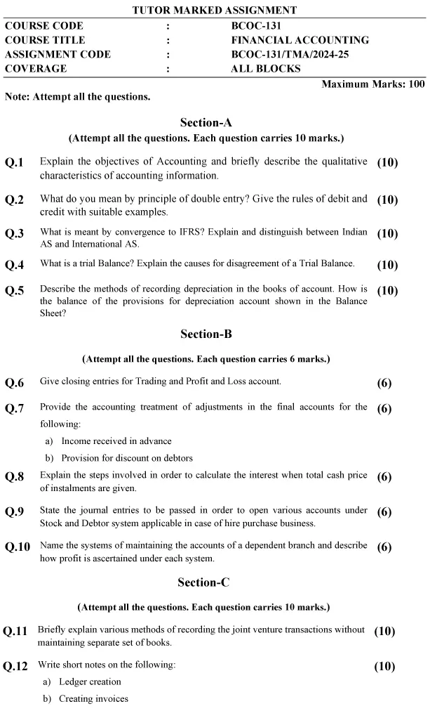 IGNOU BCOC-131 - Financial Accounting, Latest Solved Assignment-July 2024 - June 2025