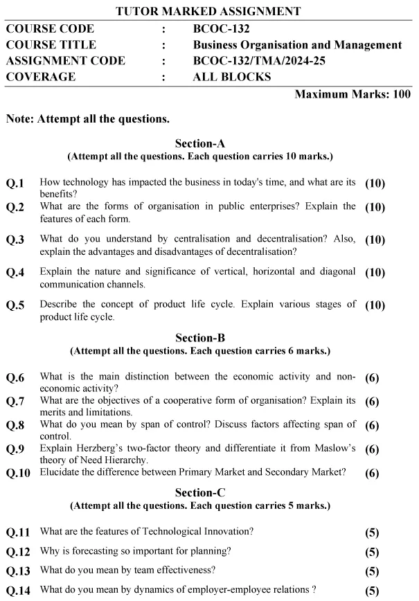 IGNOU BCOC-132 - Business Organisation and Management, Latest Solved Assignment-July 2024 - June 2025