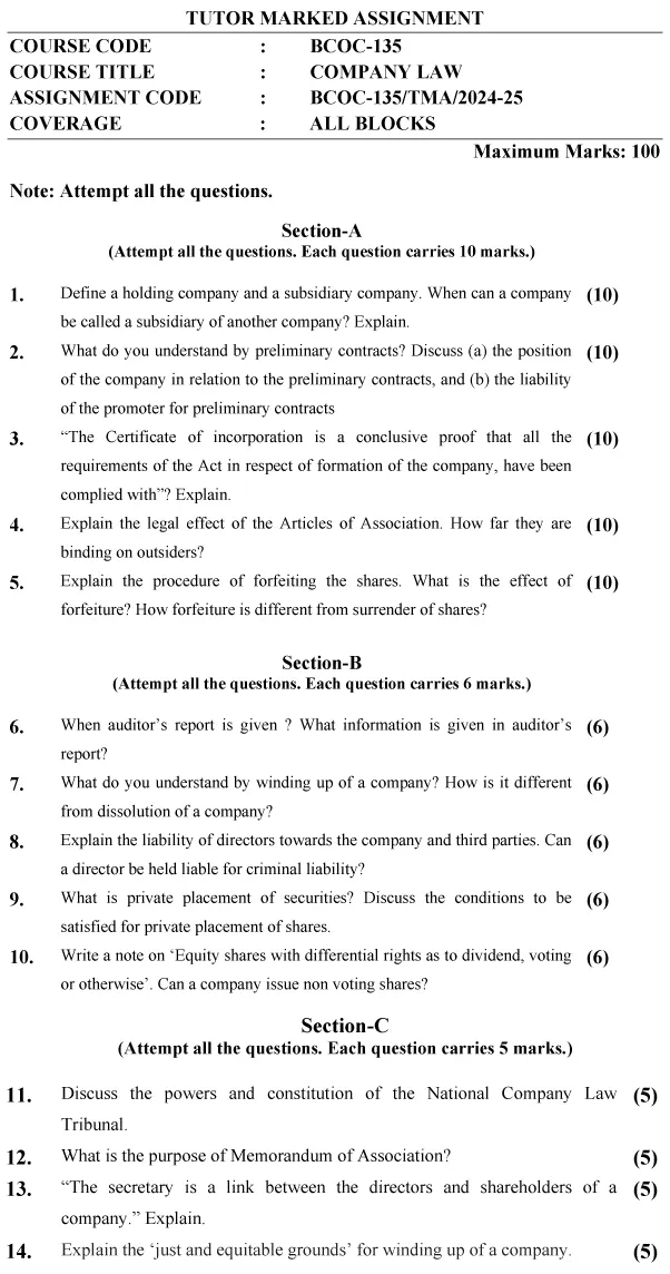 IGNOU BCOC-135 - Company Law, Latest Solved Assignment -July 2024 - June 2025