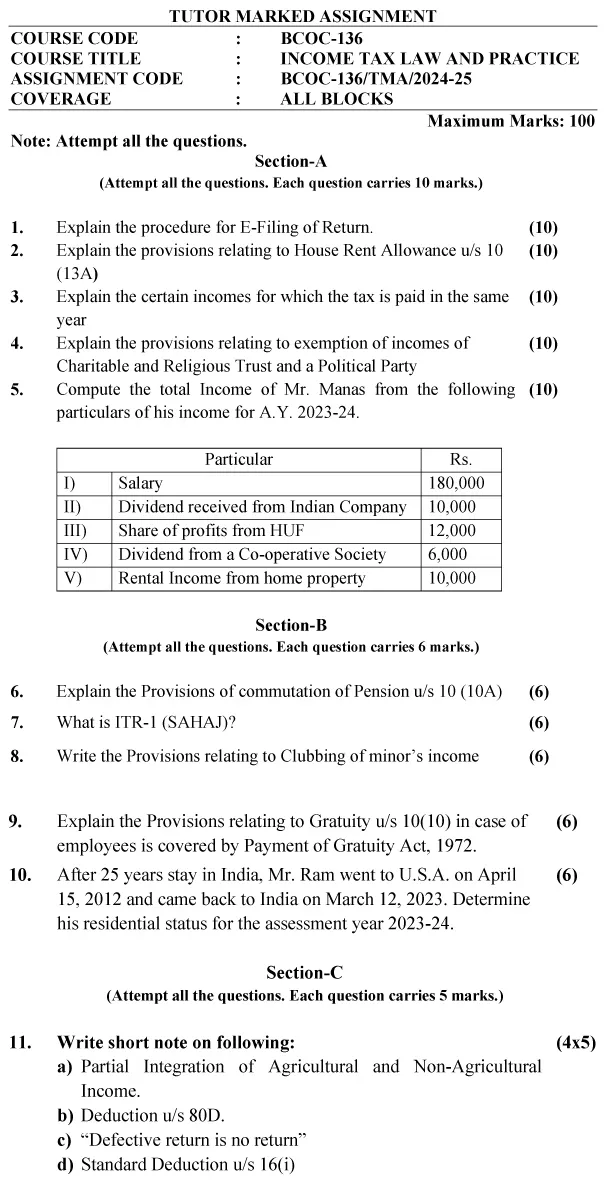 IGNOU BCOC-136 - Income Tax Law and Practice, Latest Solved Assignment-July 2024 - June 2025