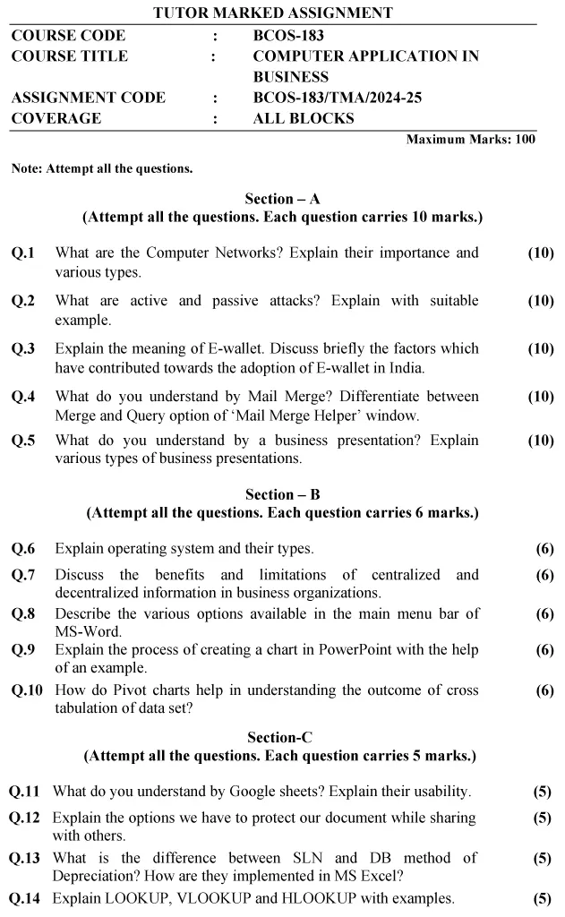 BCOS-183 - Computer Application in Business-July 2024 - June 2025