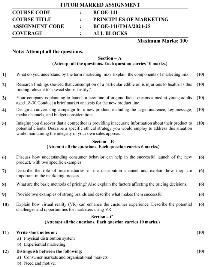 IGNOU BCOE-141 - Principles of Marketing, Latest Solved Assignment-July 2024 - June 2025