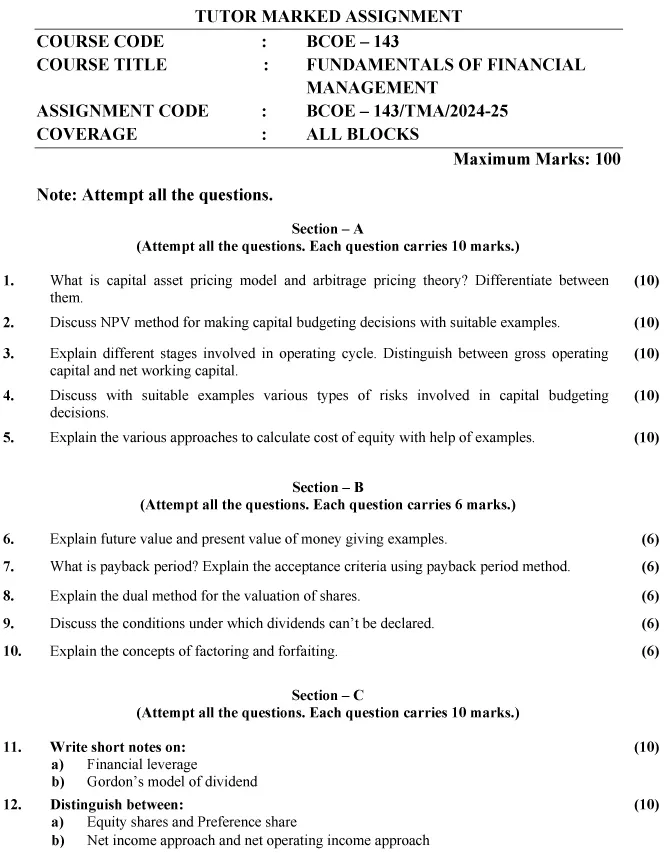 IGNOU BCOE-143 - Fundamentals of Financial Management, Latest Solved Assignment-July 2024 - June 2025