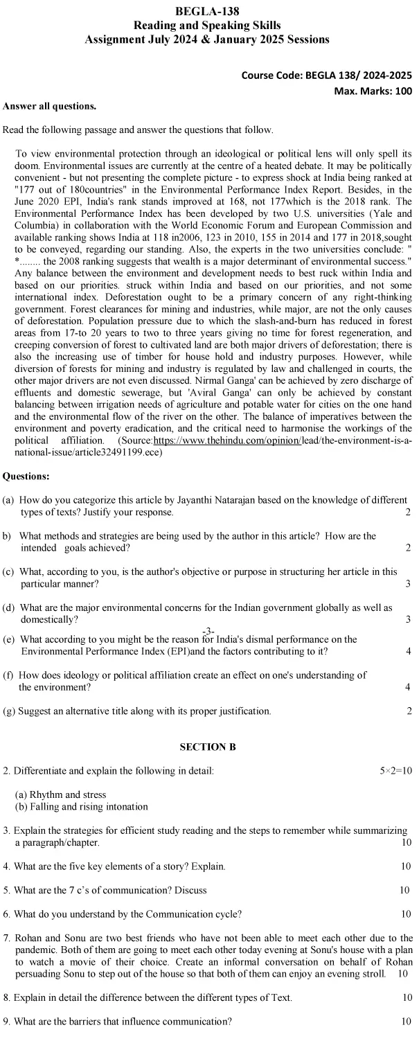 BEGLA-138 - Reading And Speaking Skills-July 2024 - January 2025