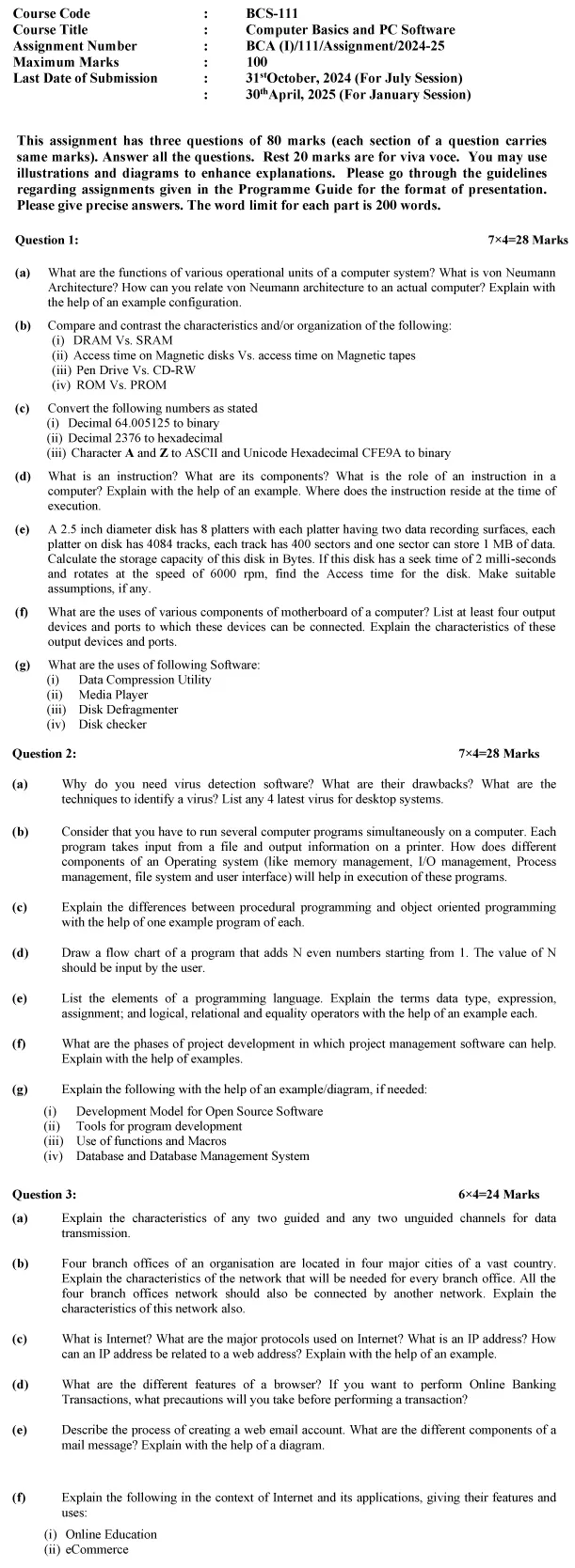 BCS-111 - Computer Basics and PC Software-July 2024 - January 2025