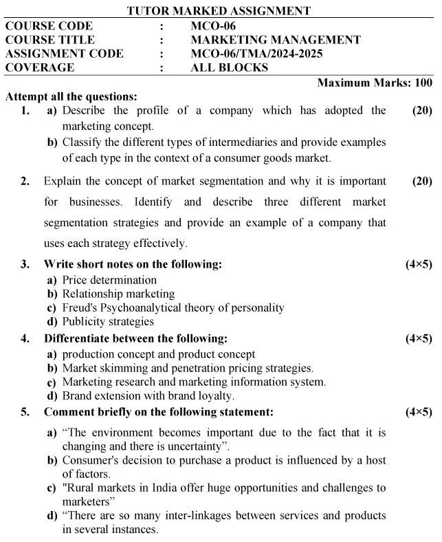 IGNOU MCO-06 - Marketing Management, Latest Solved Assignment-July 2024 - January 2025