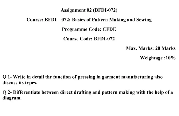 IGNOU BFDI-72 - Basics of Pattem Making and Sewing  Latest Solved Assignment-July 2024 - January 2025