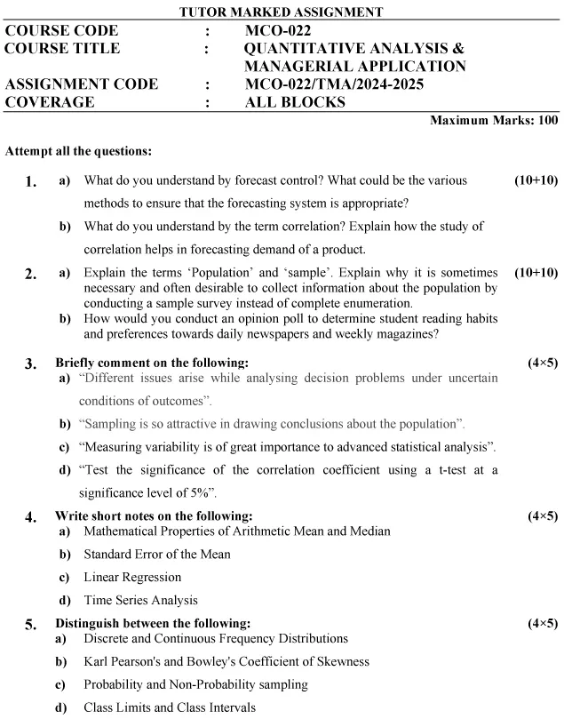 IGNOU MCO-22 - Quantitative Analysis & Managerial Application  Latest Solved Assignment-July 2024 - January 2025