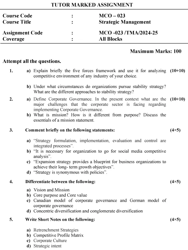 IGNOU MCO-23 - Strategic Management Latest Solved Assignment-July 2024 - January 2025