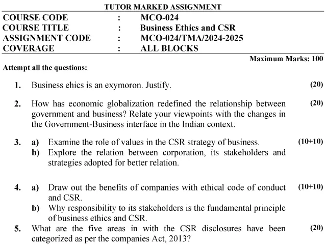 IGNOU MCO-24 - Business Ethics and Corporate Social Responsibility  Latest Solved Assignment -July 2024 - January 2025