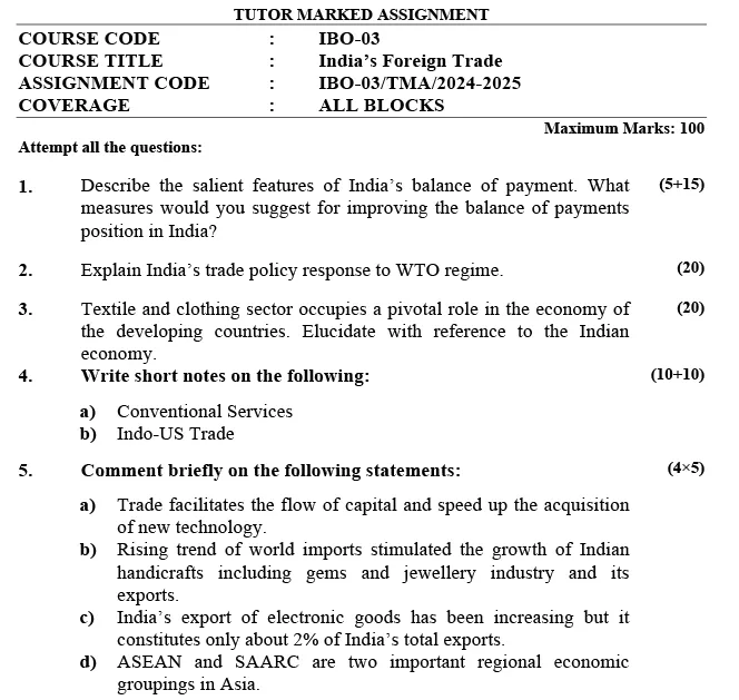 IGNOU IBO-03 - India's Foreign Trade, Latest Solved Assignment-July 2024 - January 2025