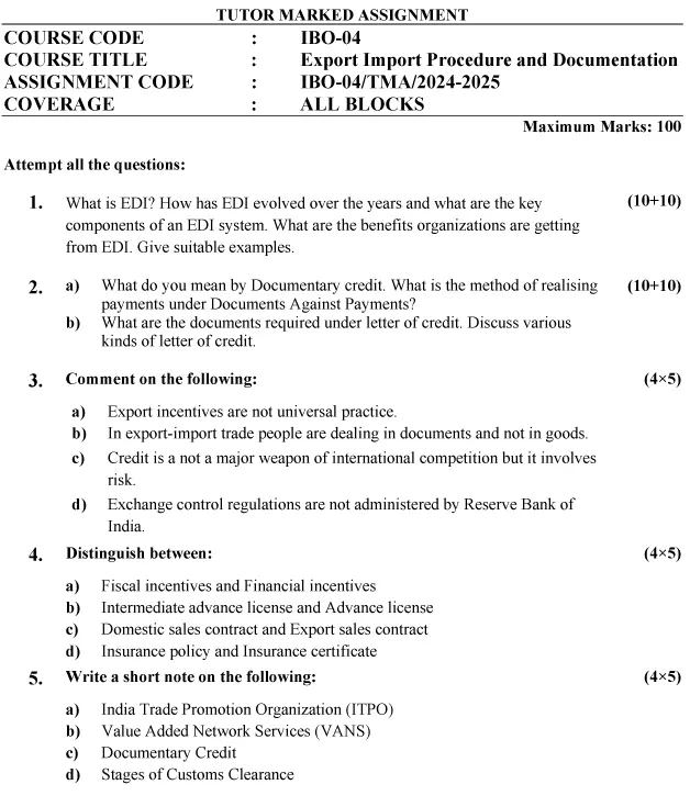 IGNOU IBO-04 - Export Import Procedures and Documentation, Latest Solved Assignment-July 2024 - January 2025