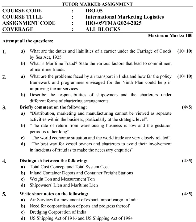 IGNOU IBO-05 - International Marketing Logistics, Latest Solved Assignment-July 2024 - January 2025