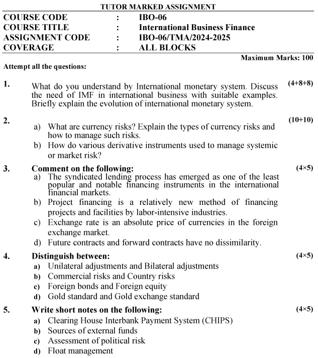 IGNOU IBO-06 - International Business Finance, Latest Solved Assignment-July 2024 - January 2025