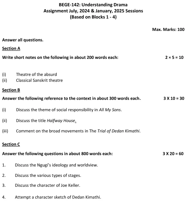 IGNOU BEGE-142 - Understanding Drama, Latest Solved Assignment-July 2024 - January 2025