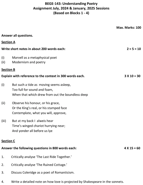 IGNOU BEGE-143 - Understanding Poetry, Latest Solved Assignment-July 2024 - January 2025