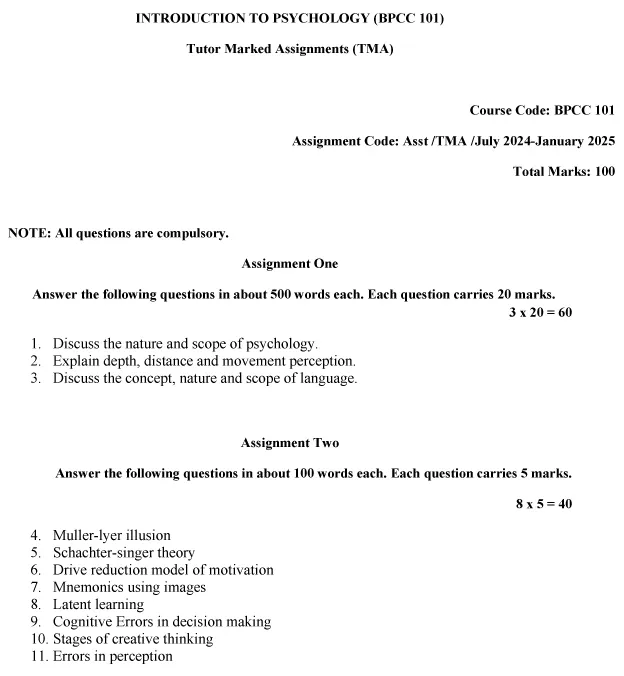 IGNOU BPCC-101 - General Psychology, Latest Solved Assignment-July 2024 - January 2025