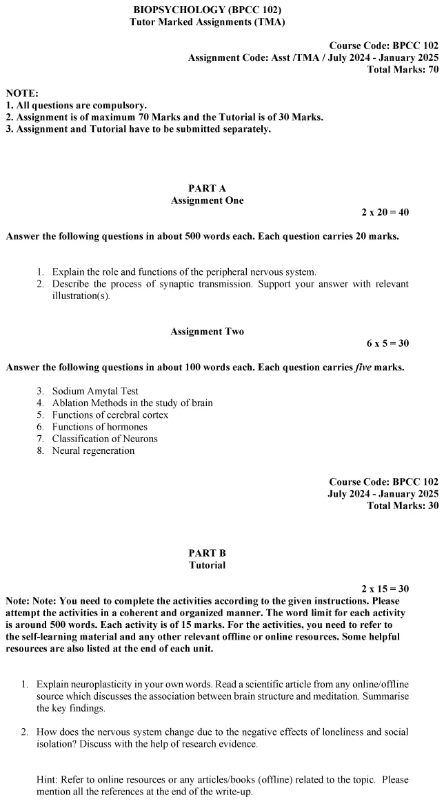 IGNOU BPCC-102 - Biopsychology, Latest Solved Assignment-July 2024 - January 2025