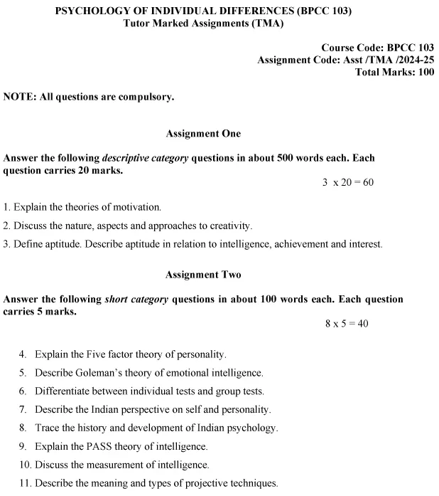 IGNOU BPCC-103 - Psychology of Individual Differences, Latest Solved Assignment-July 2024 - January 2025