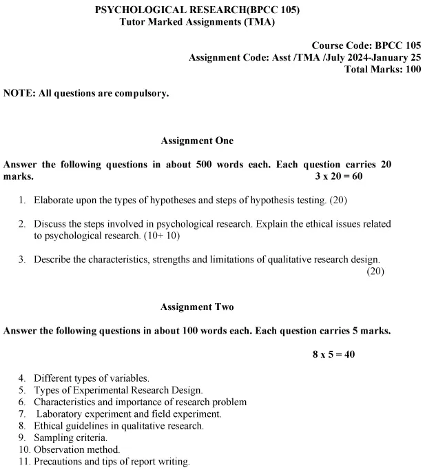 IGNOU BPCC-105 - Psychological Research, Latest Solved Assignment-July 2024 - January 2025