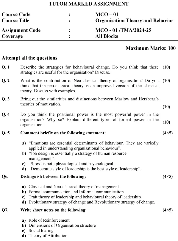 IGNOU MCO-01 - Organization Theory and Behaviour, Latest Solved Assignment -July 2024 - January 2025