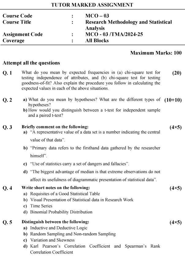 IGNOU MCO-03 - Research Methodology and Statistical Analysis, Latest Solved Assignment-July 2024 - January 2025