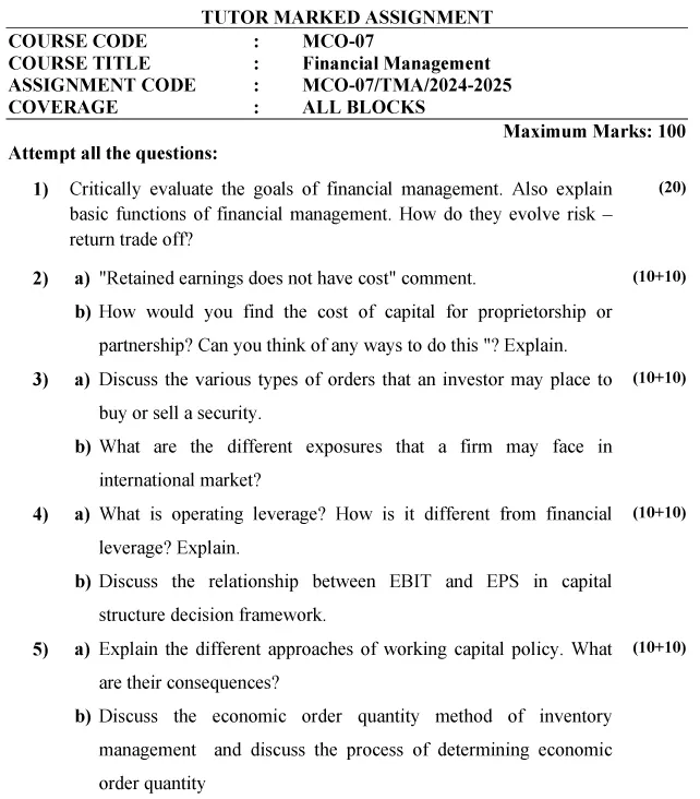 IGNOU MCO-07 - Financial Management, Latest Solved Assignment-July 2024 - January 2025