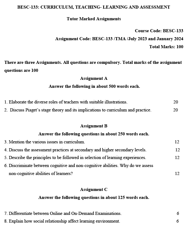 BESC-133 - Curriculum, Teaching-Learning and Assessment-July 2023 - January 2024