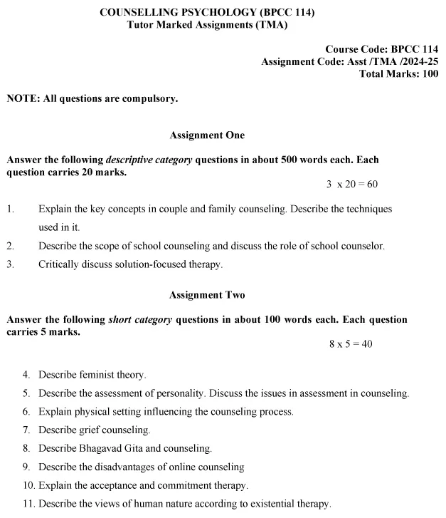 BPCC-114 - Counselling Psychology-July 2024 - January 2025