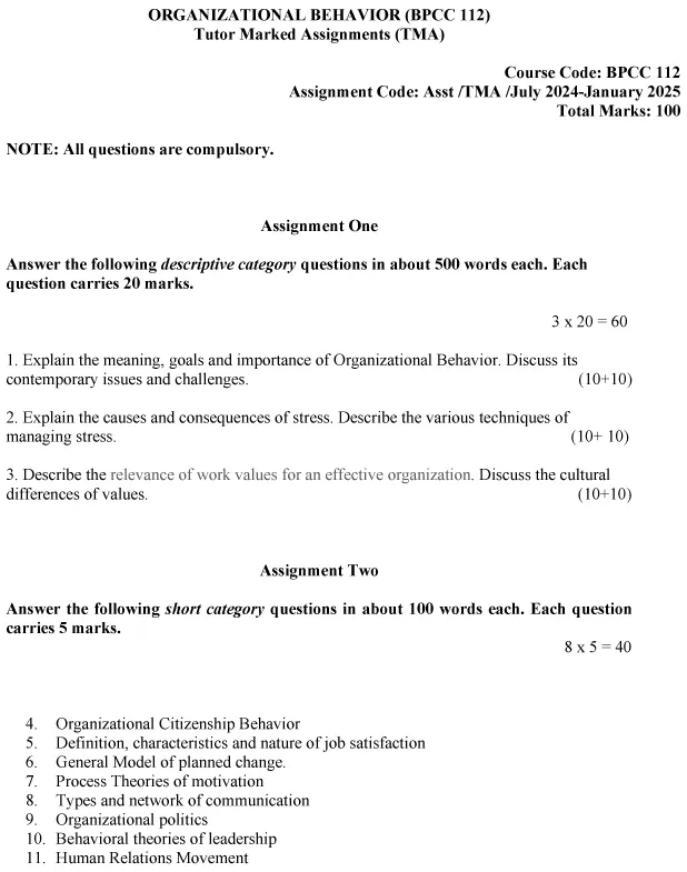 BPCC-112 - Organizational Behaviour-July 2024 - January 2025