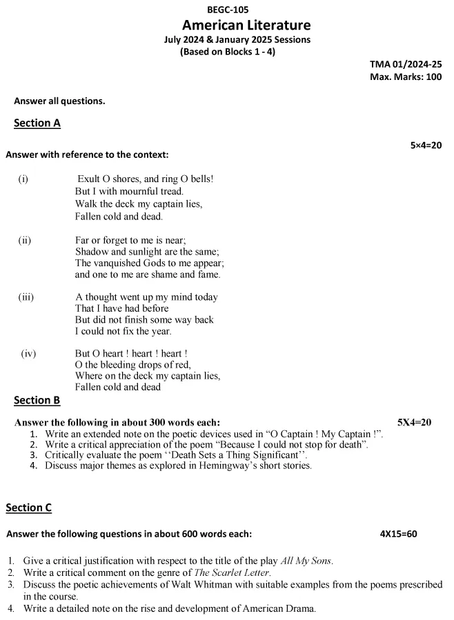 BEGC-105 - American Literature-July 2024 - January 2025