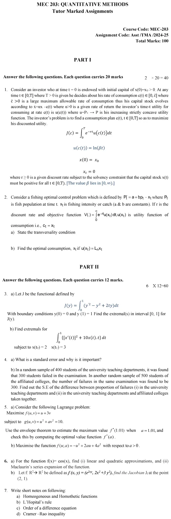 IGNOU MEC-203 - Quantitative Methods Latest Solved Assignment -July 2024 - January 2025