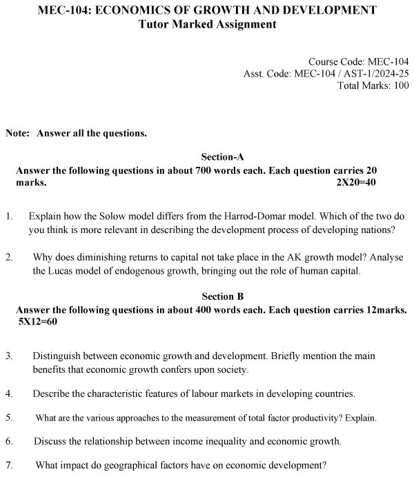 IGNOU MEC-104 - Economics of Growth and Development Latest Solved Assignment-July 2024 - January 2025