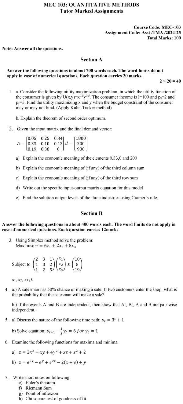 MEC-103 - Quantitative Methods New-July 2024 - January 2025