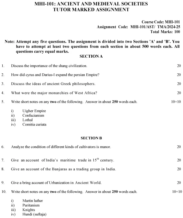 IGNOU MHI-101 - Ancient and Medieval Societies-July 2024 - January 2025