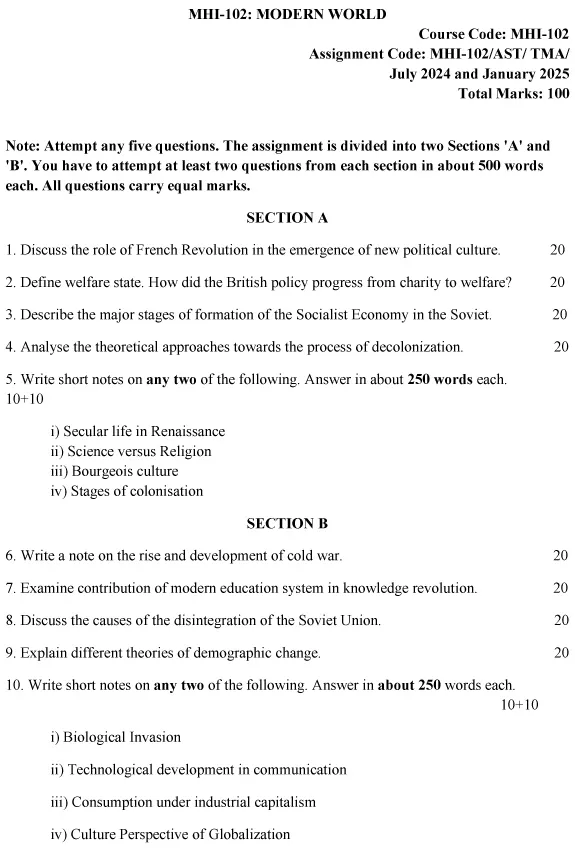 IGNOU MHI-102 - Modern World-July 2024 - January 2025