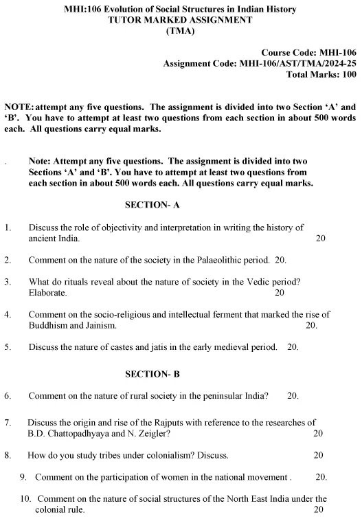 IGNOU MHI-106 - Social Structures in India through the Ages-July 2024 - January 2025