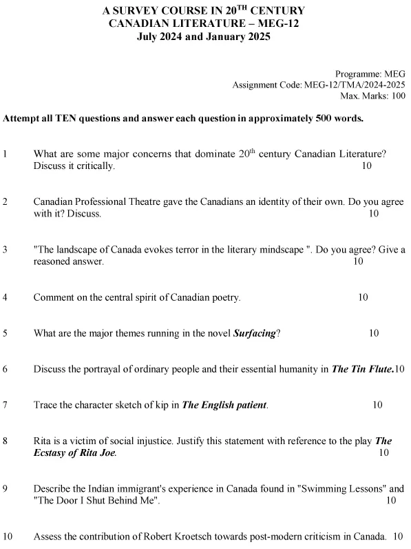 MEG-12 - A Survey Course In 20th Century Canadian Literature-July 2024 - January 2025