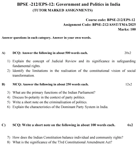 EPS-02/BPSE-212 - Government and Politics in India-July 2024 - January 2025