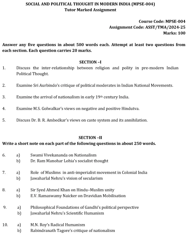 MPSE-04 - Social and Political Thought in Modern India -July 2024 - January 2025