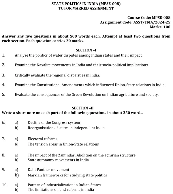 MPSE-08 - State Politics in India-July 2024 - January 2025