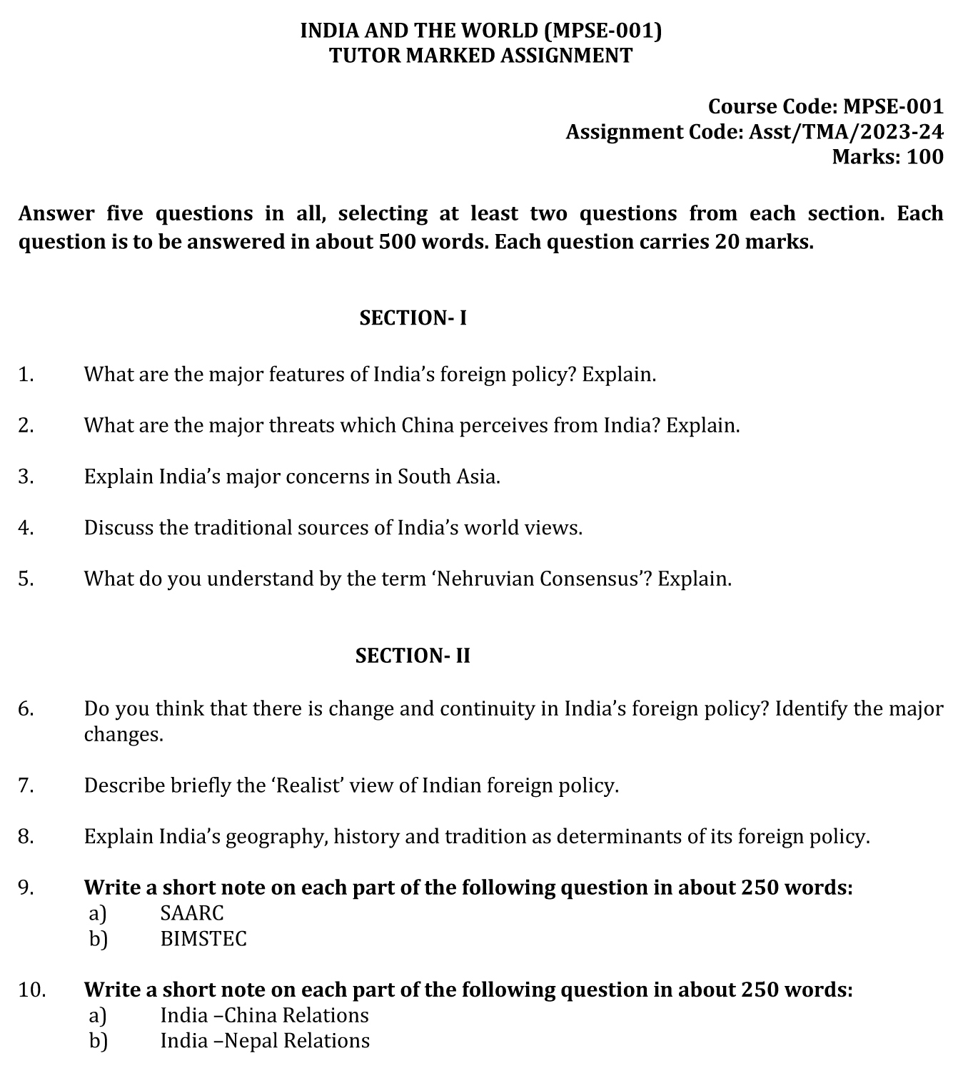 MPSE-01 - India and the World-July 2023 - January 2024