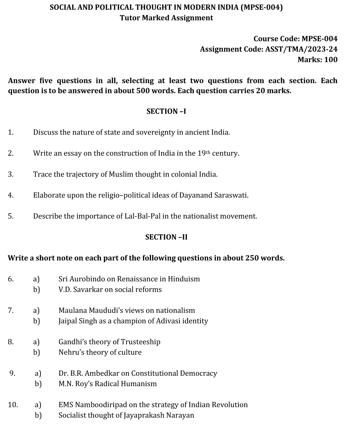 MPSE-04 - Social and Political Thought in Modern India -July 2023 - January 2024