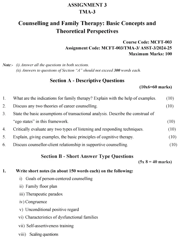 MCFT-03 - Counselling and Family Therapy: Basic Concepts & Theoretical Perspectives-July 2024 - January 2025