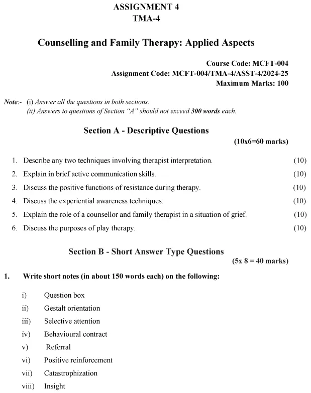 MCFT-04 - Counselling and Family Therapy: Applied Aspects-July 2024 - January 2025