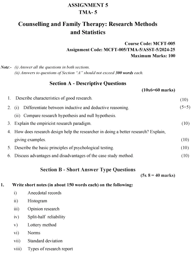 MCFT-05 - Counselling and Family Therapy: Research Methods and Statistics-July 2024 - January 2025