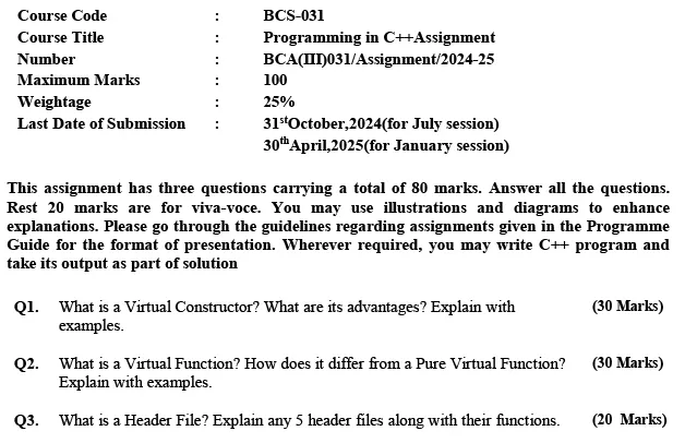 BCS-31 - Programming in C++-July 2024 - January 2025